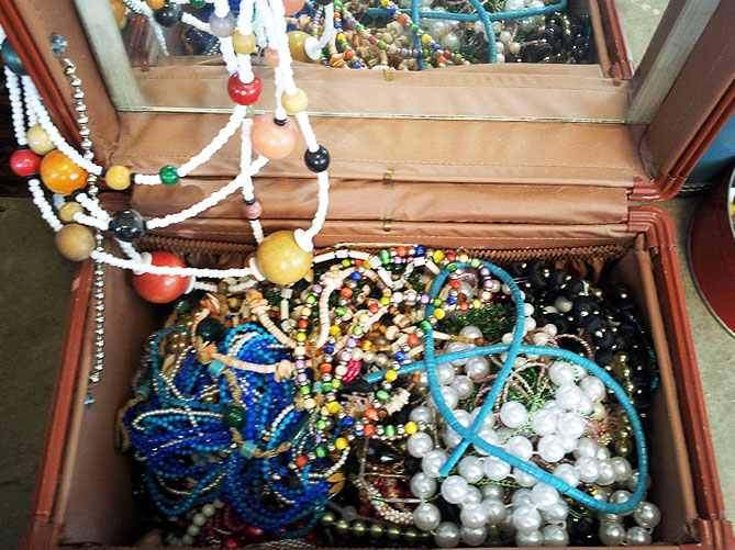 Beaded necklaces in a box.