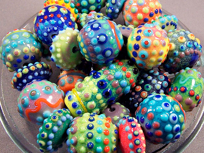 Closeup of colorful glazed beads.