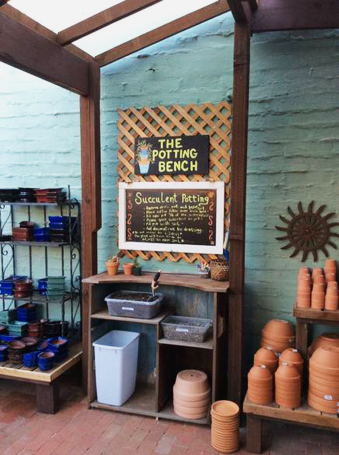 The Potting Bench in the garden, with different pots and instructions on how to pot your plant.